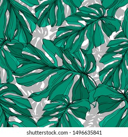 Vector Exotic tropical hawaiian summer. Palm beach tree leaves jungle botanical. Black and white engraved ink art. Seamless background pattern. Fabric wallpaper print texture.