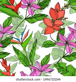 Vector Exotic tropical hawaiian summer. Palm beach tree leaves jungle botanical plant. Black and white engraved ink art. Seamless background pattern. Fabric wallpaper print texture.