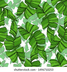 Vector Exotic tropical hawaiian summer. Palm beach tree leaves jungle botanical plant. Black and white engraved ink art. Seamless background pattern. Fabric wallpaper print texture.