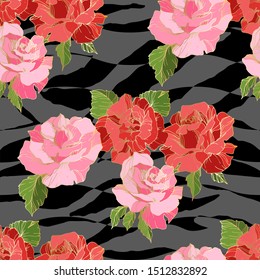 Vector Exotic Zebra print with floral botanical flowers. Black and white engraved ink art. Seamless background pattern. Fabric wallpaper print texture.