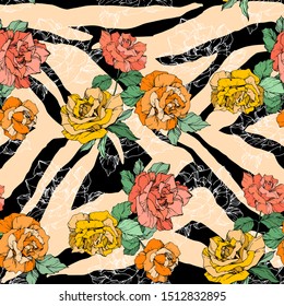 Vector Exotic Zebra print with floral botanical flowers. Black and white engraved ink art. Seamless background pattern. Fabric wallpaper print texture.
