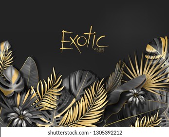 Vector exotical background with black and gold tropical leaves on dark gray background. Luxury exotic botanical design for spa, perfume,cosmetics, aroma, beauty salon etc.