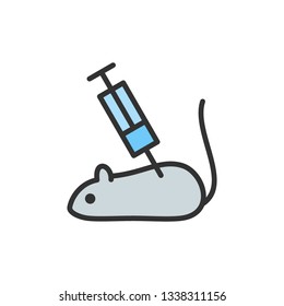 Vector experimental mouse, rat with syringe flat color line icon.