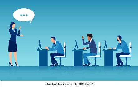 Vector of an expert businesswoman giving a speech to a group of business men 