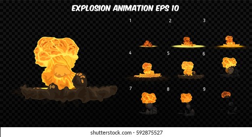 Vector Explode. Explode Effect Animation With Smoke. Cartoon Explosion Frames. Sprite Sheet Of Explosion