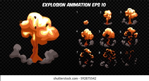 Vector Explode. Explode Effect Animation With Smoke. Cartoon Explosion Frames. Sprite Sheet Of Explosion