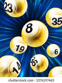 Vector Exploding Golden Bingo / Lottery Number Balls Set on Blue Burst Background