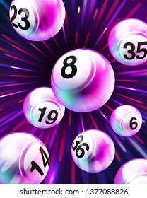 Vector Exploding Purple Bingo / Lottery Number Balls Set on Burst Background