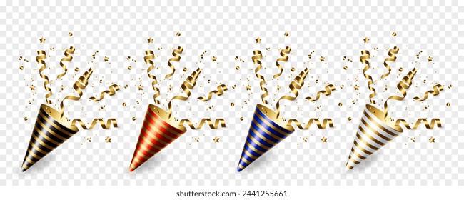 Vector exploding realistic colorful party popper with gold ribbons and confetti. Decor for invitation, greeting card, banner for anniversary or birthday.