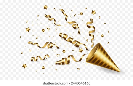 Vector exploding realistic golden party popper with gold ribbons and confetti. Decor for invitation, greeting card, banner for anniversary or birthday.