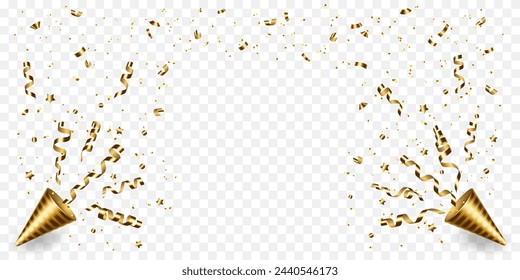 Vector exploding realistic golden party popper with gold ribbons and confetti. Decor frame for invitation, greeting card, banner for anniversary or birthday.