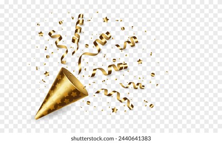 Vector exploding realistic golden party popper with gold ribbons and confetti. Decor for invitation, greeting card, banner for anniversary or birthday.