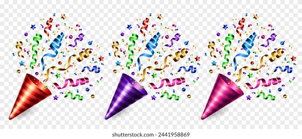 Vector exploding realistic party popper with colorful ribbons and confetti. Decor for invitation, greeting card, banner for anniversary or birthday.