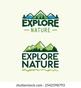 A vector of the Explore Nature Logo with forest trees and mountains