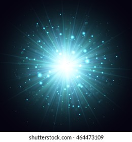 Vector explosion illustration. Blue rays and sparkles on dark background. Underwater light from submarine.