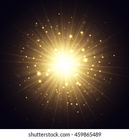 Vector explosion illustration. Golden rays and sparkles on dark background.