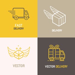 Vector express delivery service logo design elements in trendy linear style - set of flat trucks and boxes emblems 