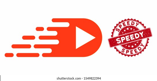 Vector express right direction icon and corroded round stamp seal with Speedy phrase. Flat express right direction icon is isolated on a white background.