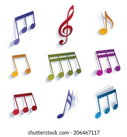 Vector expressive jolly musical notes and symbols isolated on white background.