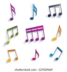 Vector expressive jolly musical notes and symbols isolated on white background.