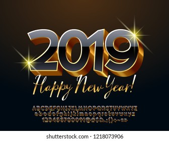 Vector exquisite Greeting Card Happy New Year 2019. Chic set of Alphabet Letters and Numbers. Black and Golden 3D Font.