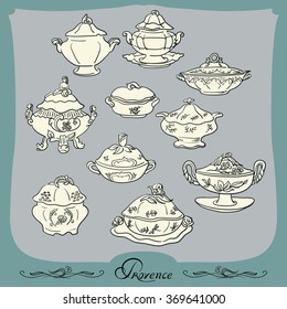 Vector exquisite soup tureen in the style of Provence.