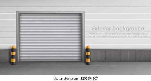 Vector exterior background with closed garage door, storage room for car parking. Warehouse entrance with roll shutters, hangar for repair service with metal doorway, concept illustration