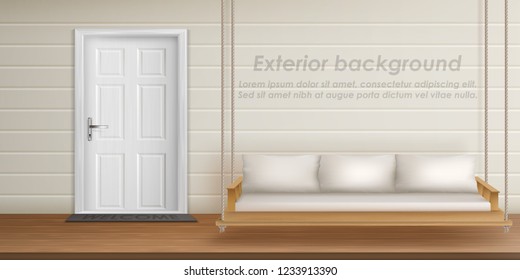 Vector Exterior Background With Veranda Facade. Empty Terrace With Wooden Swing Hanging On Ropes, Front Door With Mat, White Wall. Porch Of Country Cottage, Place For Rest Outdoor In Private House