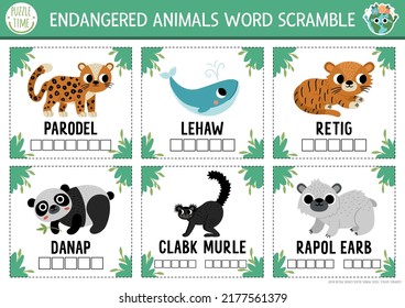 Vector extinct animals word scramble activity page. English language game with whale, leopard, panda for kids. Ecological awareness quiz flash cards. Educational printable worksheet
