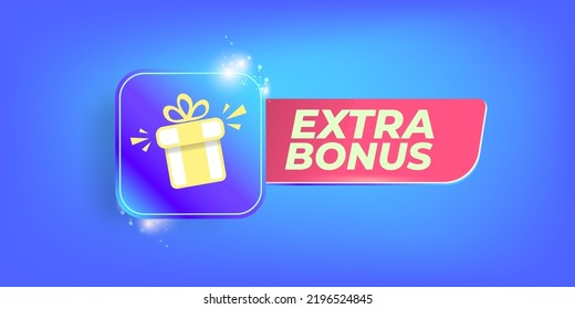 vector extra bonus horizontal banner design template with gift icon and button isolated on modern blue background. Extra bonus or super gift label design template