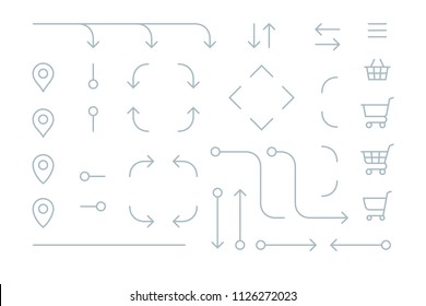 Vector extra thin editable line arrows place pointers and shopping carts for custom wireframes design