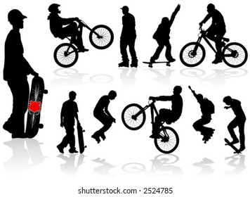 Vector extreme silhouettes man on roller, bicycle, skateboard