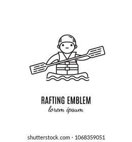 Vector Extreme sport concept. Line style logotype template with man in boat. Isolated on background and easy to use. Perfect logo for your business. Clean and minimalistic symbol.
