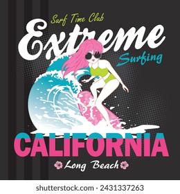 Vector extreme surfing print. Artwork features a girl surfing on large waves, hibiscus flowers and surf related text on a striped black background. Apparel graphic artwork.