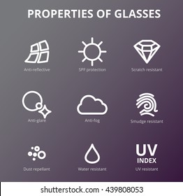 Cuidado de los ojos vectoriales, propiedades de los vasos, oftalmología. Iconos de optometría. Lentes de sol, gafas de conductor. Iconos de línea fina