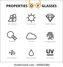 Vector eye care, glasses properties, ophthalmology. Optometry Icons. Sun glasses, driver's glasses