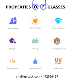 Vector eye care, glasses properties, ophthalmology symbols. Optometry Icons. Sun glasses, driver's glasses