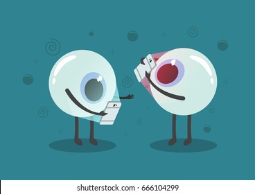 Vector eye cartoon addict smart-phone and light from smart phone impact for visibility with effect confuse,eye care concept.