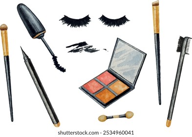 Kosmetik-Set für Vektoraugen. Augenschatten-Wimperntusche bürstet Wimpern-Eyeliner einzeln auf weißem Hintergrund. Handgezeichnete Aquarellgrafik für Ihr Design