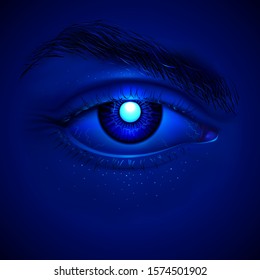 Vector eye of cyborg. Bright laser inside an artificial iris. Realistic details. Right eye of the futuristic AI character with a dark blue skin. Night hypnotic look. Sci-fi or mystical poster.
