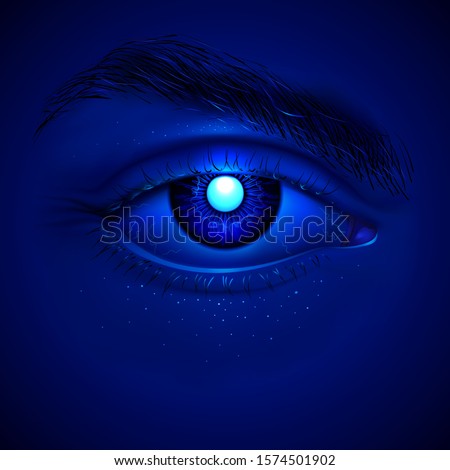 Vector eye of cyborg. Bright laser inside an artificial iris. Realistic details. Right eye of the futuristic AI character with a dark blue skin. Night hypnotic look. Sci-fi or mystical poster.
