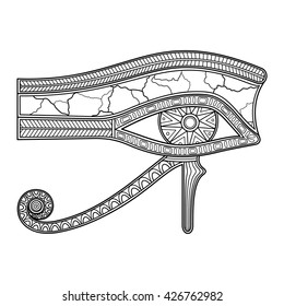 Vector Eye of Horus (All-Seeing Eye Wadjet, Udjat) In Linear Style. Right Eye Represents Sun Ra. Amulet In Form of Eye For Living. Integrity of Creation