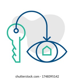 Vector eye icon in trendy minimal line style. Thin linear real estate sign for UI button, mobile app logo. Contour key icon or cyber safety symbol. Outline emblem of smart home. Blockchain concept.