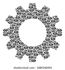 Vector eye icons are combined into gear collage. Industrial design concept constructed of eye components.