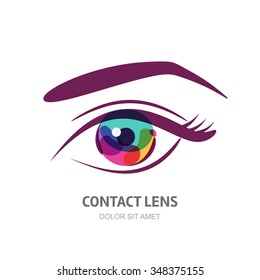Vector eye illustration with colorful pupil. Abstract logo design element. Design concept for contact lens, optical, glasses shop, oculist, ophthalmology, makeup, visage and cosmetics. 