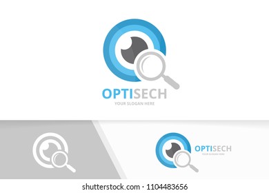 Vector eye and loupe logo combination. Optic and magnifying symbol or icon. Unique vision and search logotype design template.