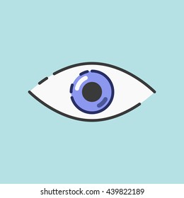 Vector eye minimalistic icon. Blue eye isolated on cyan background. Black stroke.