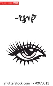 Vector eye with motivational text: rsvp. Fashion accessory illustration in glamour style for beauty salon, shop, blog print. Isolated symbol on white background.