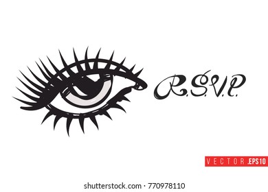 Vector eye with motivational text: rsvp. Fashion accessory illustration in glamour style for beauty salon, shop, blog print. Isolated symbol on white background.