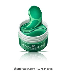 Parches de ojos vectoriales en frasco de cosméticos. Parches para el cuidado de la piel de hidrogel. Máscara de colágeno antiarrugas. Productos naturales cosméticos antiedad, maquillaje realista.